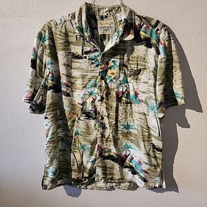 Island Fever Men's L Short Sleeve Button Down Hawaiian Rayon Shirt Vintage Palm
